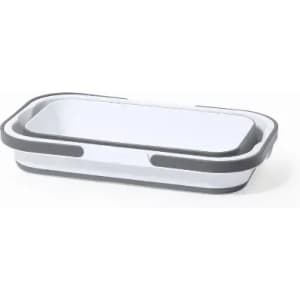 A rectangular collapsible container in white and grey, featuring a sleek design with handles for easy use.