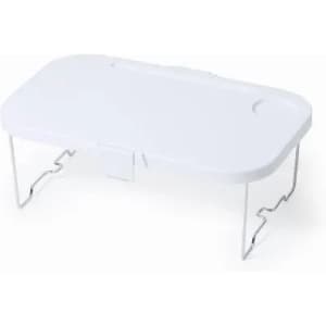 A white portable table with foldable metal legs, featuring a smooth surface and a handle for easy transport.