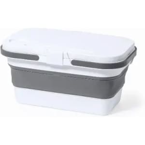 A collapsible storage container in grey and white with a secure lid and central band for stability.