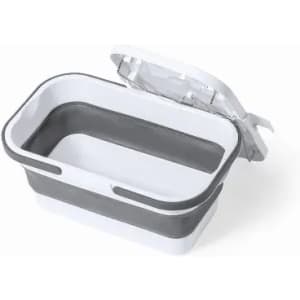 A collapsible storage container with a white and grey design, featuring a transparent lid.