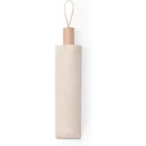 A drink bottle in a light beige fabric with a wooden top and a looped cord for easy carrying.