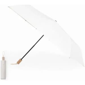 A white umbrella with a black handle and a matching beige holder. The product includes a logo on the handle.