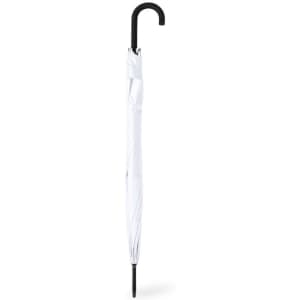 A white umbrella with a black curved handle, featuring a sleek, minimalist design. It has a logo on the canopy.