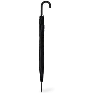 A black umbrella with a curved handle and a sleek, compact design. It has a simple, minimalistic look.