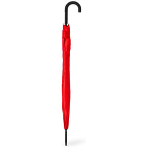 A red umbrella with a curved black handle, fully closed and displayed upright.