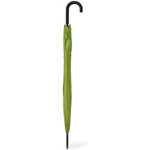 A green umbrella with a black hook handle, fully closed and standing upright. It features a logo on the fabric.