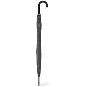 A black umbrella with a curved handle, displayed in a closed position. It features a simple design with no visible branding.