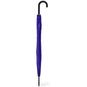 A purple umbrella with a curved black handle, folded and ready for use. It features a simple design without any visible logo.