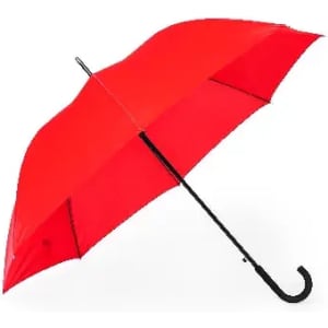 A red umbrella with a curved black handle, featuring a simple design and a classic shape.