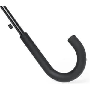 A black umbrella with a curved handle and a sleek design. It features a smooth grip and a dark pole.
