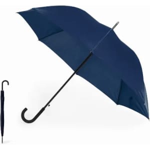 A navy blue umbrella with a black handle, accompanied by a matching case for storage.