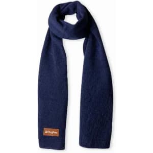 A navy blue scarf made of textured fabric, featuring a small brand logo tag.