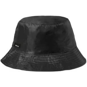 A black bucket hat made from shiny material, featuring a logo on the side.