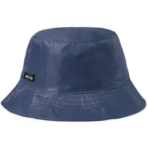 A blue bucket hat with a glossy finish and a small logo label on the side.