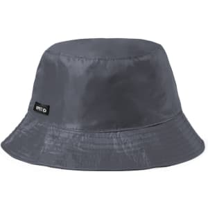 A grey bucket hat with a textured finish and a small logo on the side.