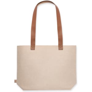 A beige fabric tote bag with brown leather handles and a small logo tag.