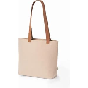 A tote bag in beige canvas with brown leather straps, featuring a simple, minimalist design.