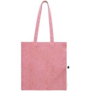 A pink tote bag with long handles, featuring a foldable design and a secure closure on one side.