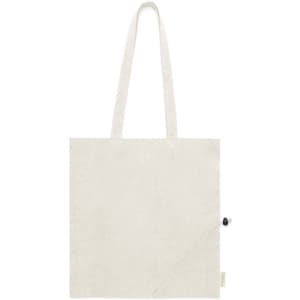 A tote bag in a neutral cream colour with long handles and a foldable design. Features a branding logo.
