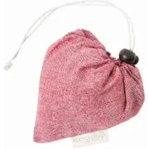 A heart-shaped fabric pouch in red, secured with a drawstring and a toggle. It features a tag but no branding visible.