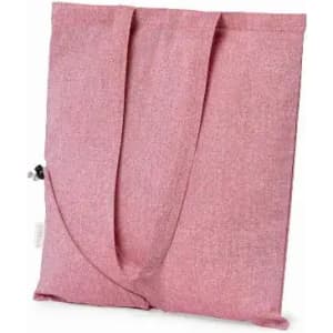 A tote bag in a soft pink fabric with two long straps and a zip closure. It features a simple design with a logo.