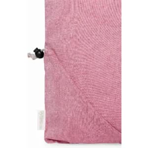 A pink fabric pouch with a drawstring closure and a small tag on the side. Features a textured surface.