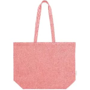 A pink tote bag with two handles, featuring a simple, textured design and a rectangular shape.
