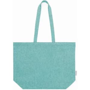 A tote bag in a vibrant teal colour with two handles and a flat base, featuring a textured finish.