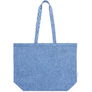 A blue tote bag with two handles and a spacious design, featuring a textured pattern and a logo on one side.