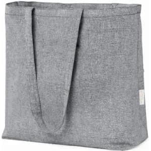 A grey tote bag with two handles and a minimalist design. It features a branding logo on one side.
