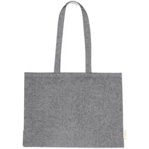 A grey tote bag with two long handles and a simple design. It features a small logo tag on the side.