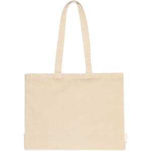 A beige tote bag with two handles, featuring a simple and minimalist design. It has no visible branding.