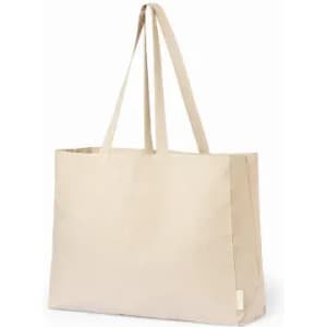 A beige tote bag with two long handles and a spacious interior for carrying various items.