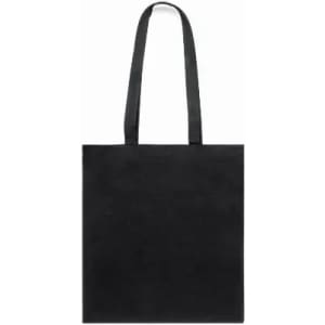A black tote bag with two shoulder straps and a simple design. It features branding on one side.