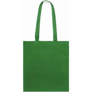 A green tote bag with two handles, featuring a simple, unadorned design.