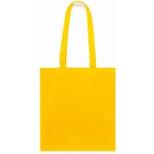 A yellow tote bag with two handles and a simple, square design. It has no visible branding.