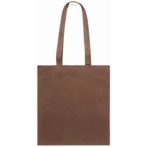 A tote bag in brown with two handles, featuring a simple, sleek design. It has no visible branding.