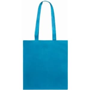 A tote bag in a bright turquoise shade with long handles and a simple design.