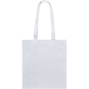 A white tote bag with long handles, featuring a plain design and no visible branding.