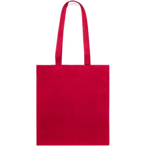 A red tote bag with two sturdy handles and a plain design. The bag is unbranded and made of fabric.