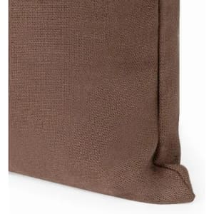 A cushion in a textured brown fabric, featuring a neatly stitched edge.