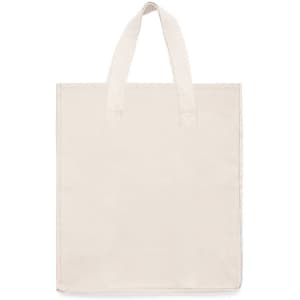 A plain beige tote bag with two sturdy handles and a simple, unembellished design.