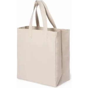 A beige tote bag with two sturdy handles, designed for reusable shopping or carrying items.