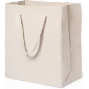 A plain, cream-coloured tote bag with two handles, featuring a structured design.