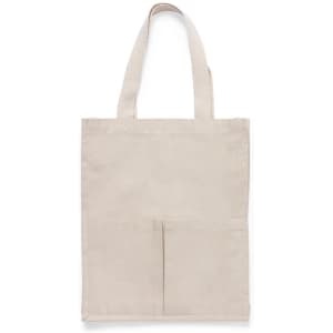 A beige tote bag with two front pockets and long handles. The bag has a simple and minimalist design.