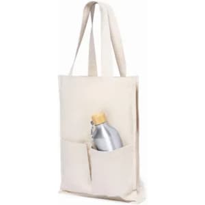 A tote bag in a neutral colour featuring a silver drink bottle in its front pocket. The bag has two handles.