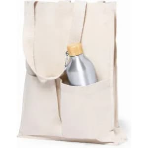 A beige tote bag with a silver drink bottle featuring a wooden lid tucked in one of its pockets.