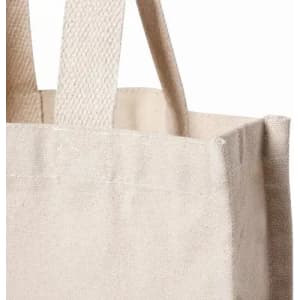 A beige tote bag with sturdy handles, showcasing a simple and minimalistic design.