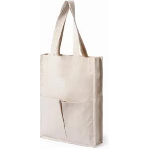 A beige tote bag with long handles and a front pocket for added storage.