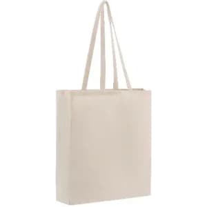 A tote bag in a light beige colour with two handles, featuring a plain design. It has no visible branding.